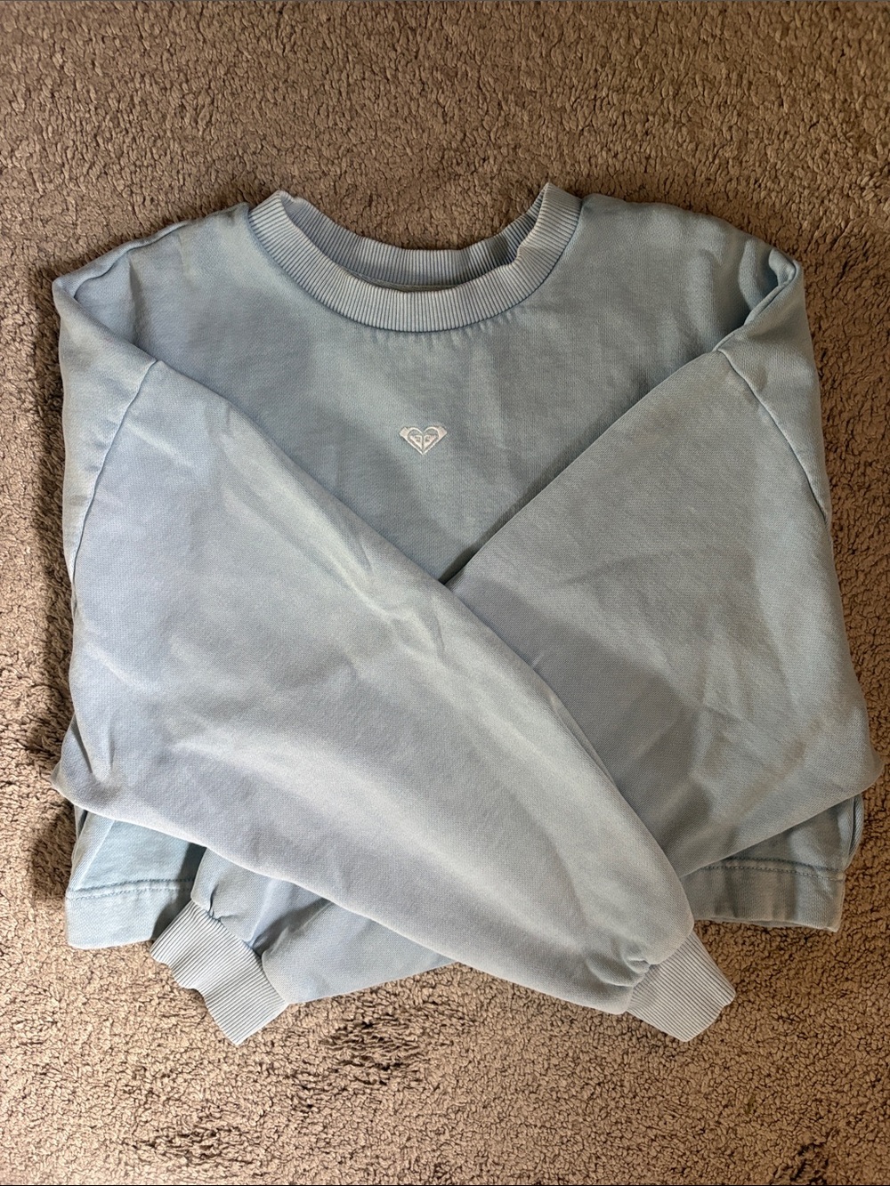 Roxy Pale Blue Women’s Crewneck cropped Sweatshirt with White Heart Emblem